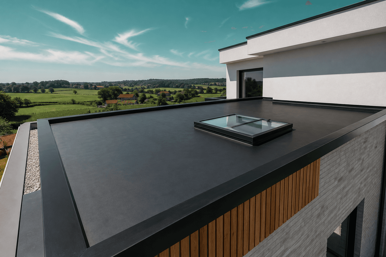 Plat dak afgewerkt met EPDM, dakranden en lichtkoepel