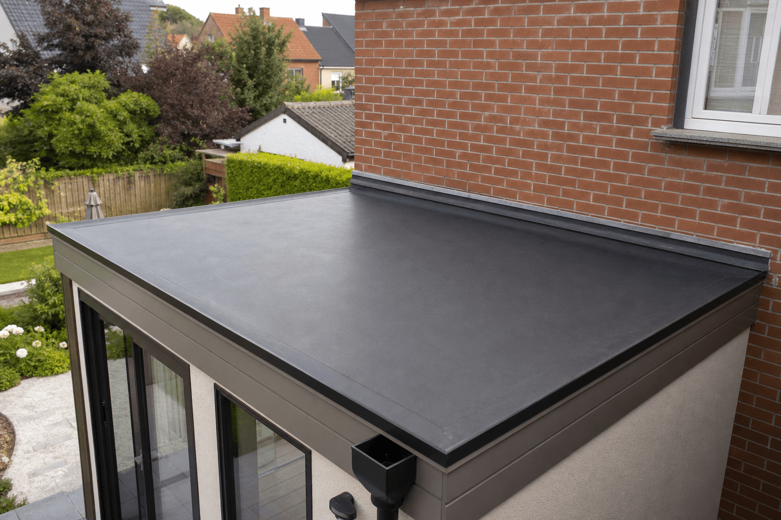 EPDM plat dak op een woninguitbouw in Halle
