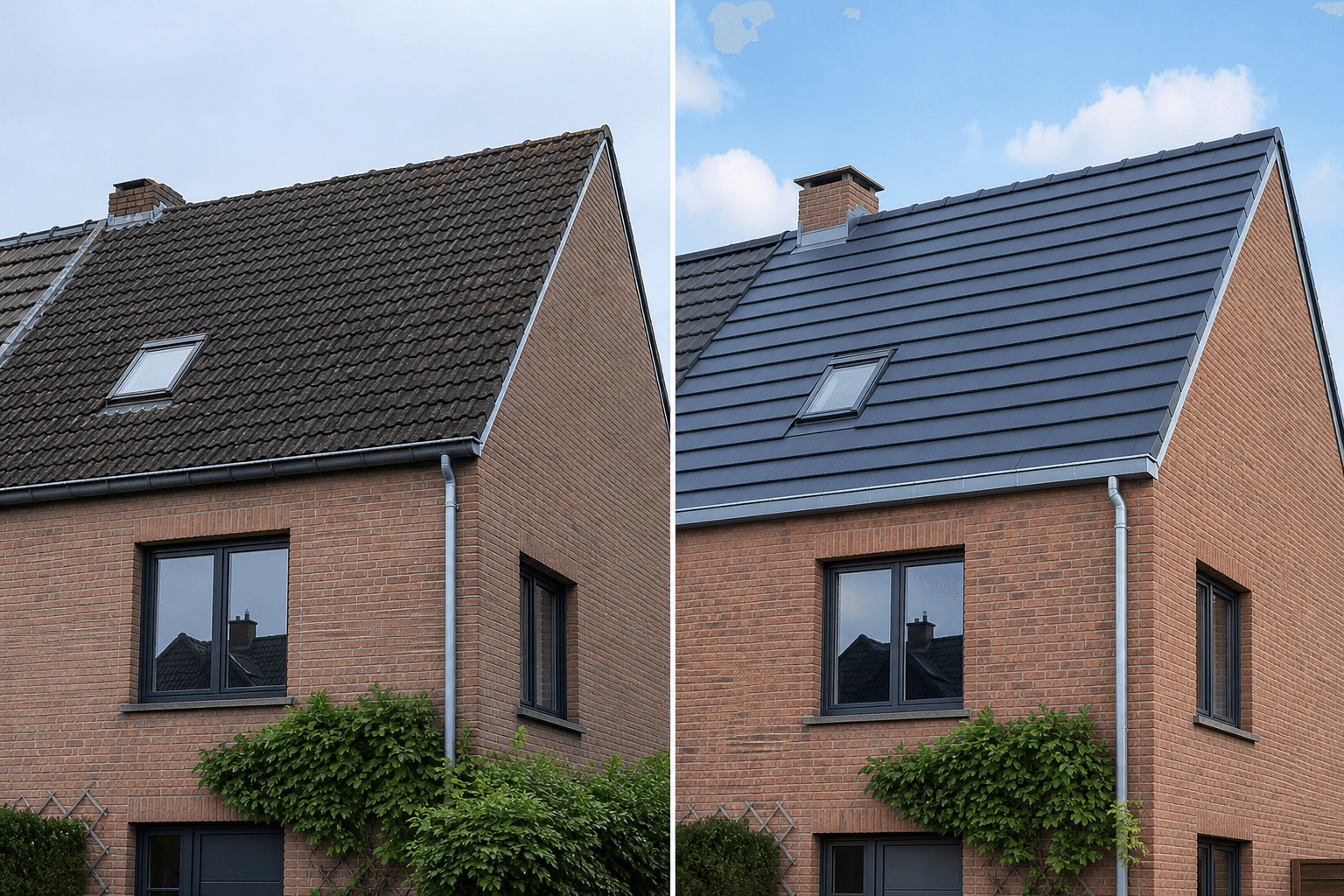 Volledig gerenoveerd hellend dak met nieuwe pannen en zinken goten in Hasselt