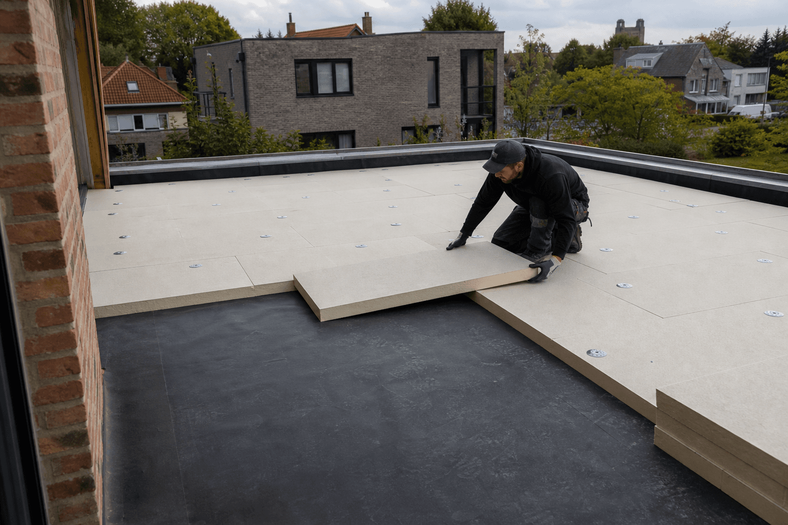 Plaatsing van isolatieplaten op een plat dak in Kortrijk