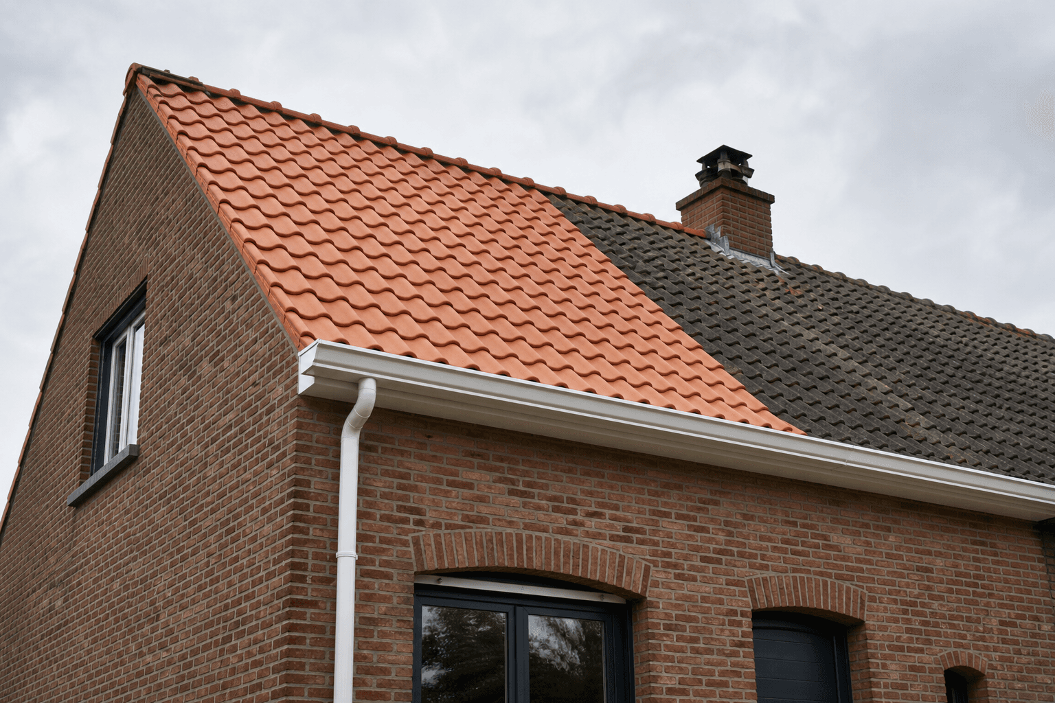 Stormherstel aan pannendak met nieuwe witte dakgoten in Mechelen