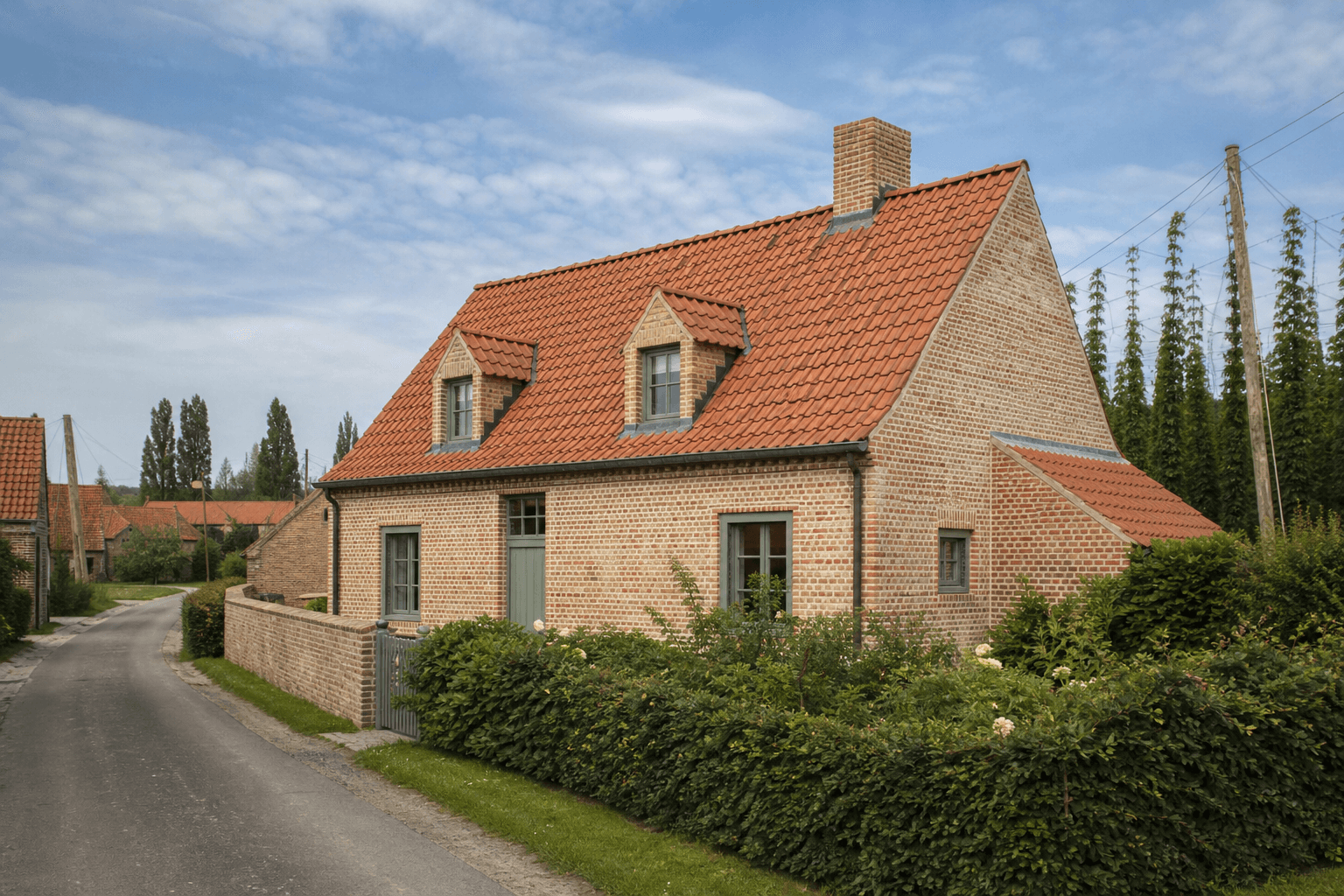 Nieuwe dakpannen op een landelijke woning in Poperinge, Westhoek